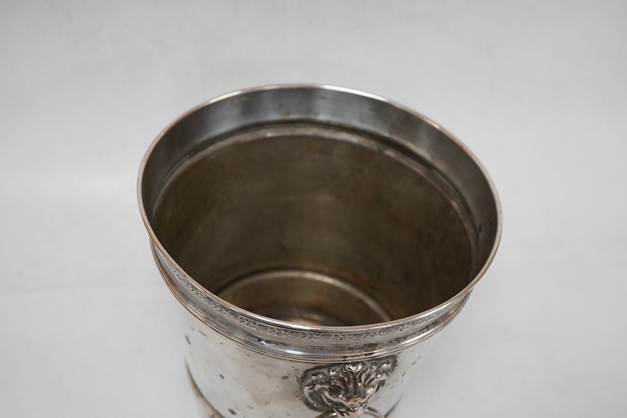 A continental 800 standard white metal ice bucket, with two lion mask and ring handles, height 12.9cm, 10.1oz.
